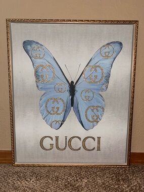 Gucci Bedazzled Gold & Blue Butterfly Wall Art w/ Frame 19.5x23.5 in.